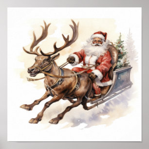 Póster Sleigh de renos africanos-americanos con árbol