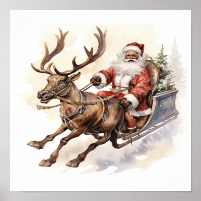 Póster Sleigh de renos africanos-americanos con árbol (Frente)