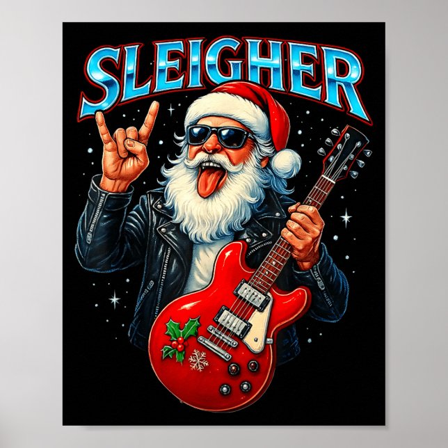 Póster Sleigher Rock Santa Funny Metal Christmas Design  (Frente)