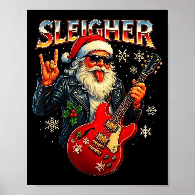 Póster Sleigher Rock Santa Funny Metal Christmas Design  (Frente)