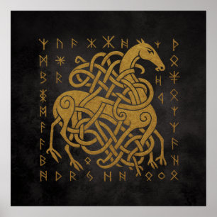 Póster Sleipnir, Caballo Nórdico Dorado con Símbolo de Ru