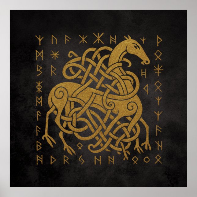 Póster Sleipnir, Caballo Nórdico Dorado con Símbolo de Ru (Frente)