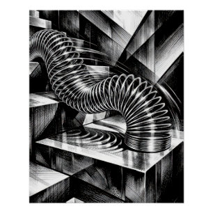 Póster Slinky monocromo cayendo por escaleras de cromo
