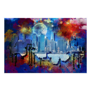 Póster SlipperyJoe NYC grafiti luna rodeada de nubes dram