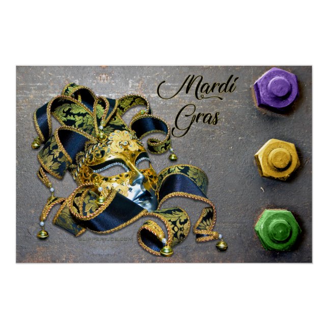 Póster SlipperyJoe's Mardi Gras Mask púrpura oro verde bl (Anverso)