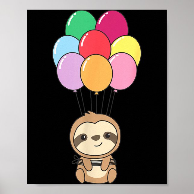 Póster Sloth Flies Up With Colorful Balloons Kawaii Sloth (Frente)