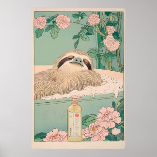 Póster Sloth in Bathtub Ukiyo-e Print Japandi Bathroom