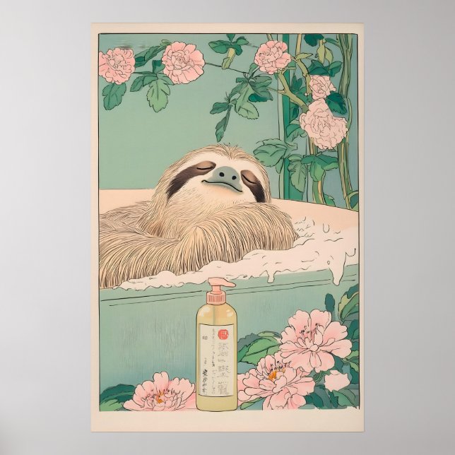 Póster Sloth in Bathtub Ukiyo-e Print Japandi Bathroom (Frente)