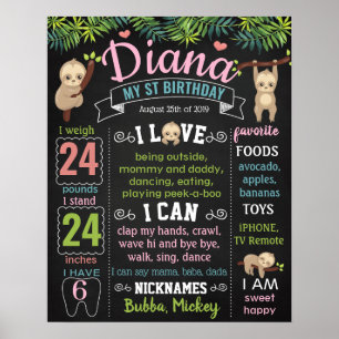 Póster Sloth Let's Hang Zoo - Primer tablero de cumpleaño