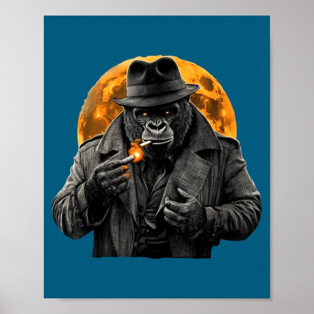 Póster Smoking Gorilla In Trench Coat With Orange Moon Ar (Frente)