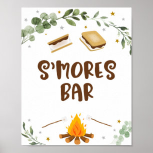 Póster S'mores Bar Camping Campfire Greenery Cumpleaños