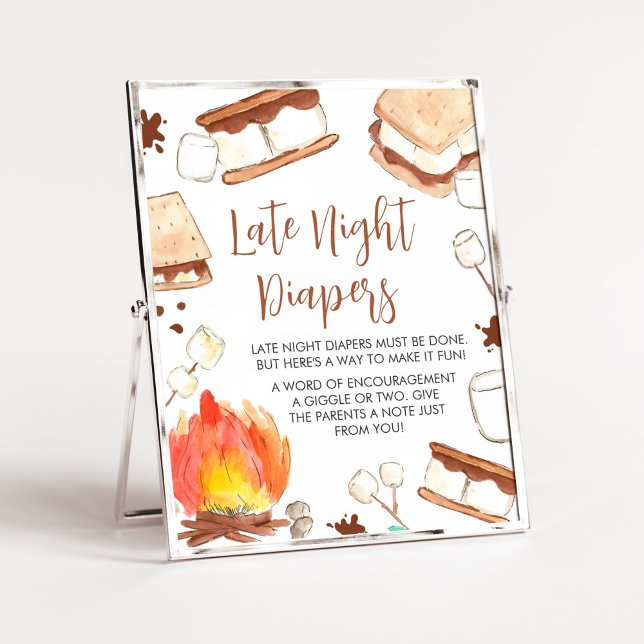 Póster S'mores Camping Baby Shower Tarde Noche (Smore Fun Baby Shower Late Night Diapers Sign)