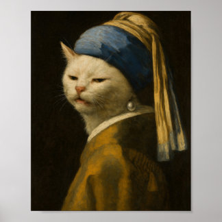 Póster Smudge Cat with Pearl Earring - Vermeer Meme Art