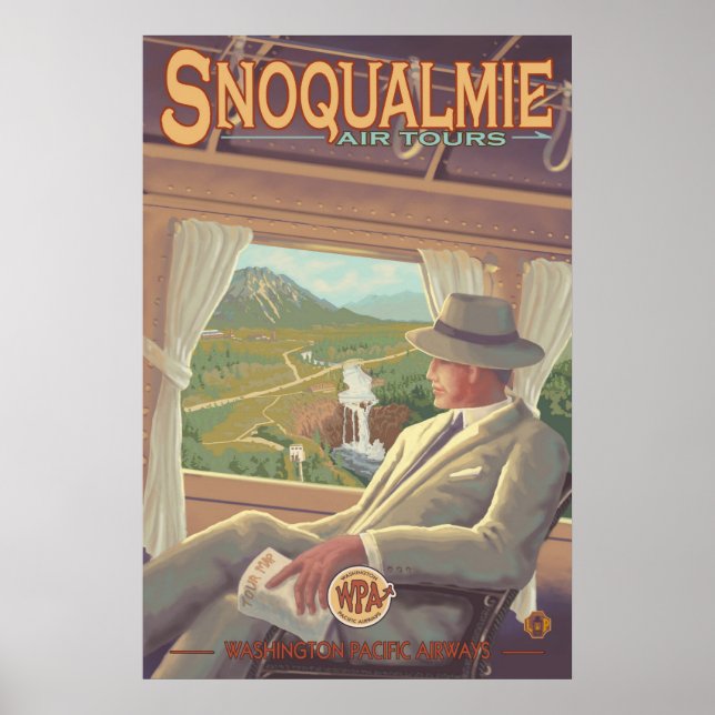 Póster Snoqualmie cae por aire, afiche de viajes de Washi (Frente)