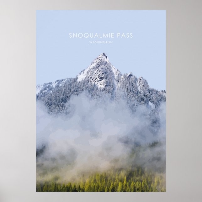 Póster Snoqualmie Pass, Ilustracion de Viajes de Washingt (Frente)