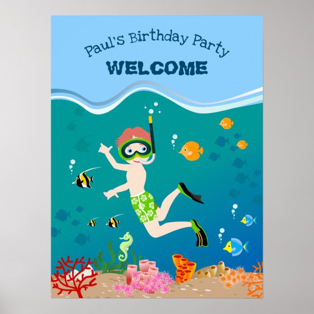 Póster Snorkeling con fiesta de cumpleaños de peces tropi (Frente)