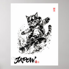 Póster Snowboard Brush Art - Snowboarder cat