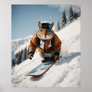 Póster Snowboard Squirrel Wintertime Whimsical Animal