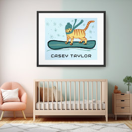 Póster SNOWBOARDING Tabby Cat Funny CUSTOM NOMBRE Nursera