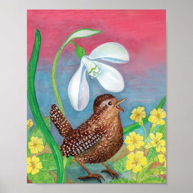 Póster Snowdrop & wren bird llama a la guardería de prima (Frente)