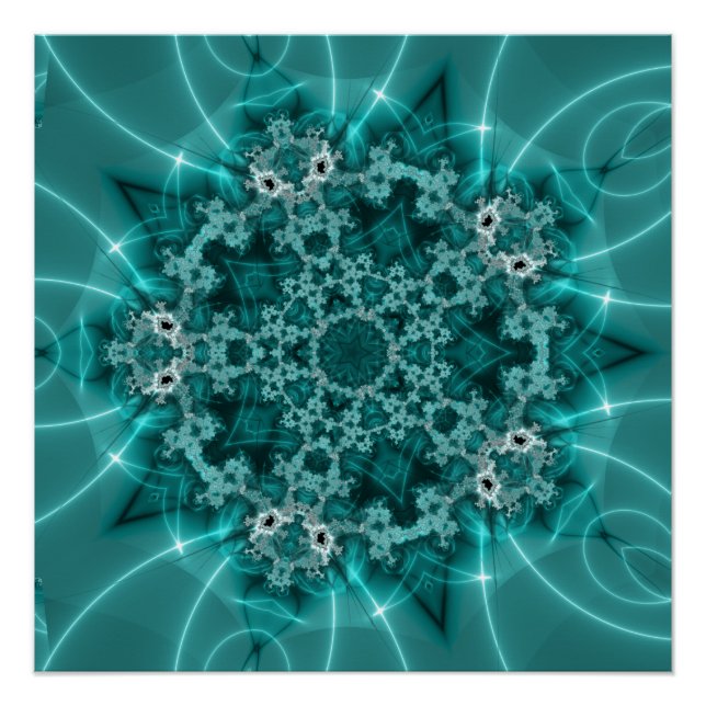 Póster Snowflake | Arte fractal azul y blanco (Anverso)