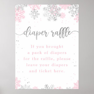 Póster Snowflakes Pink Silver Diaper Raffle Baby Shower