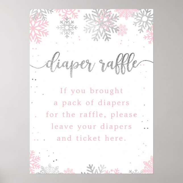 Póster Snowflakes Pink Silver Diaper Raffle Baby Shower (Frente)