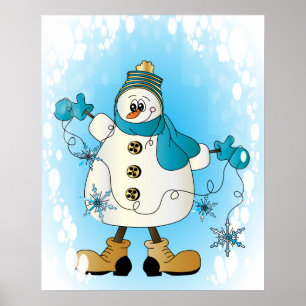 Póster Snowman con Navidades azules copos de nieve