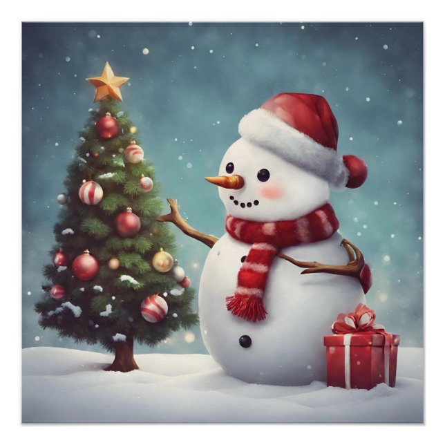 Póster Snowman decora el árbol de Navidad (Anverso)