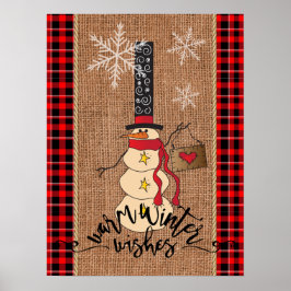 Póster Snowman Feliz Navidad con brocha y burlap