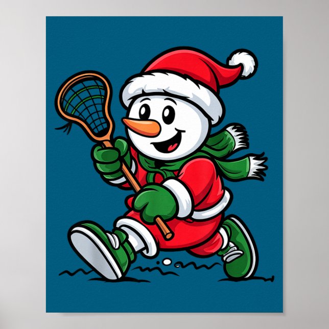 Póster Snowman Santa Hat Playing Lacrosse Christmas Playe (Frente)