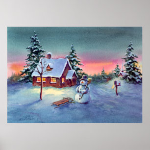 Póster SNOWMAN & SLED by SHARON SHARPE