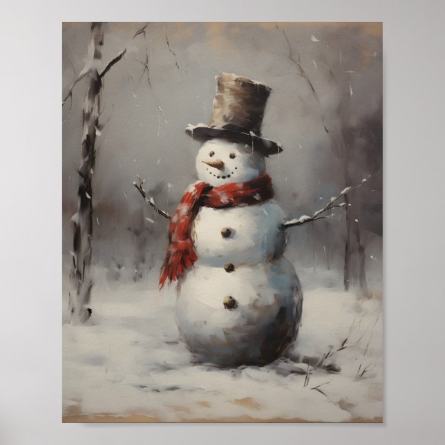 Póster Snowman sonriente usando Gorra y bufanda roja en b (Frente)