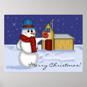 Póster Snowman with Red Bird Folk Art