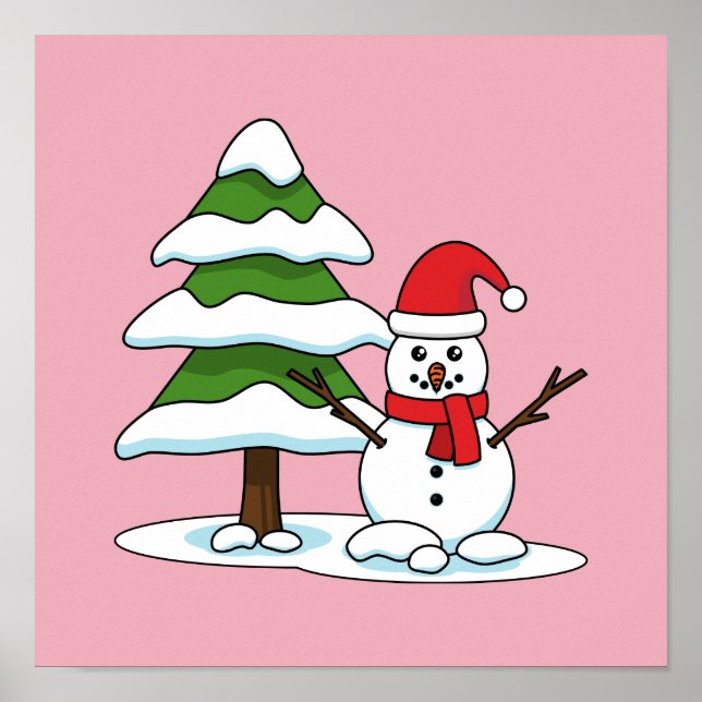 Póster Snowman with Snowy Pine Tree (Frente)