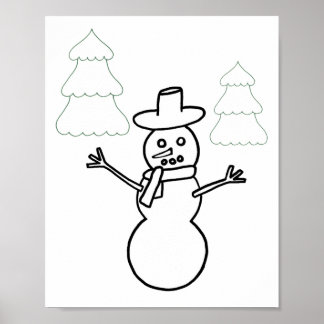 Póster Snowman y los árboles de Navidad delinean el Poste