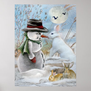 Póster snowman y rabbit comiendo zanahoria