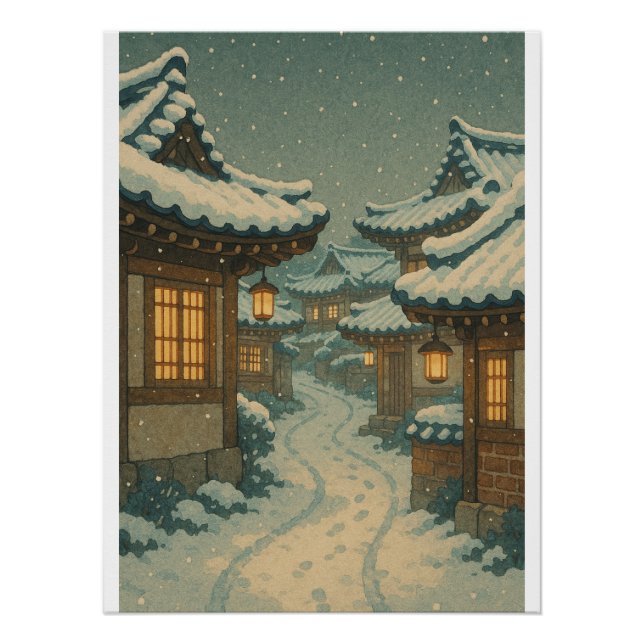 Póster Snowy Hanok Village Retro Art (Anverso)