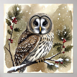 Póster Snowy Owl on Holly Branch Watercolor Christmas
