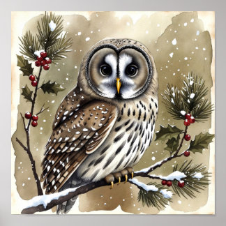 Póster Snowy Owl on Holly Branch Watercolor Christmas