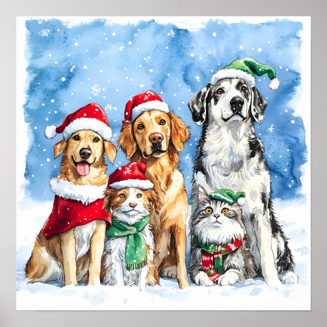 Póster Snowy Paws Festive Cute Christmas Pets Watercolor (Frente)