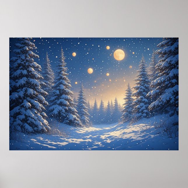 Póster Snowy Pine Forest Under A Starry Night Sky 🌙 Warm (Frente)
