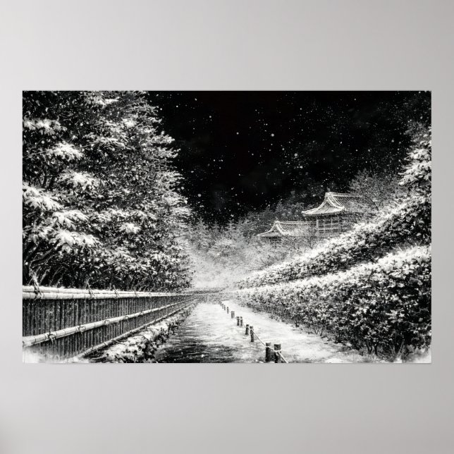 Póster Snowy Temple Path at Night – Japanese Zen Wall Art (Frente)