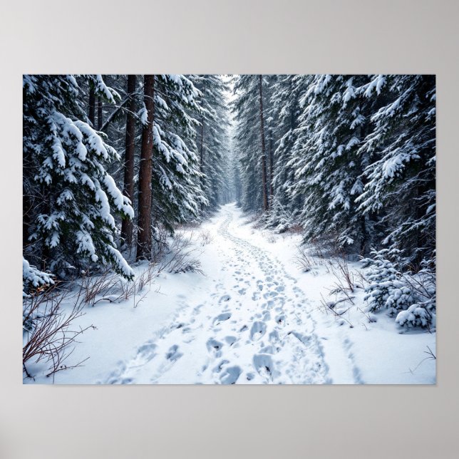 Póster Snowy Winter Forest Path With Footprints Hiking (Frente)