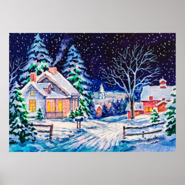 Póster Snowy winter landscape. Country House. Christmas h (Frente)