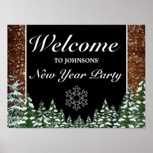 Póster Snowy Wood Forest Snow Flake New Year Welcome Sign
