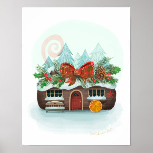 Póster Snowy Yule Log Cabin Art Print