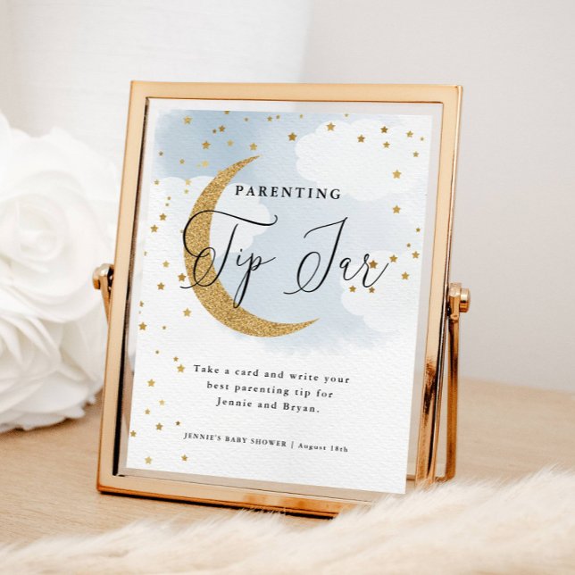 Póster Sobre la luna azul de la paternidad Consejos para  (Over the Moon Blue, Parenting Tip Jar Display Sign for Baby Shower)
