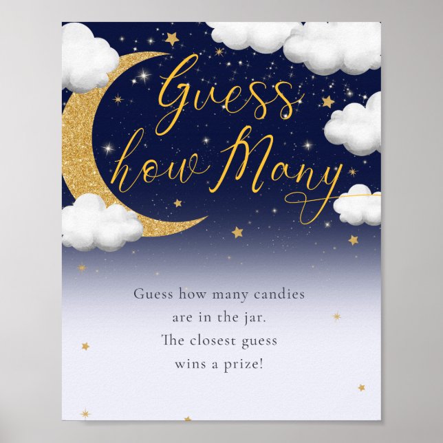 Póster Sobre la luna Baby Shower adivina cuántos Rótulos (Frente)