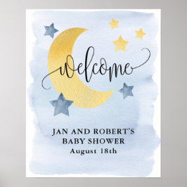Póster Sobre la luna, bienvenida azul a Baby Shower